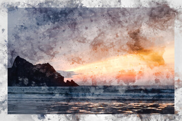 Wall Mural - digital watercolour painting of absolutely stunning landscape images of holywell bay beach in cornwa