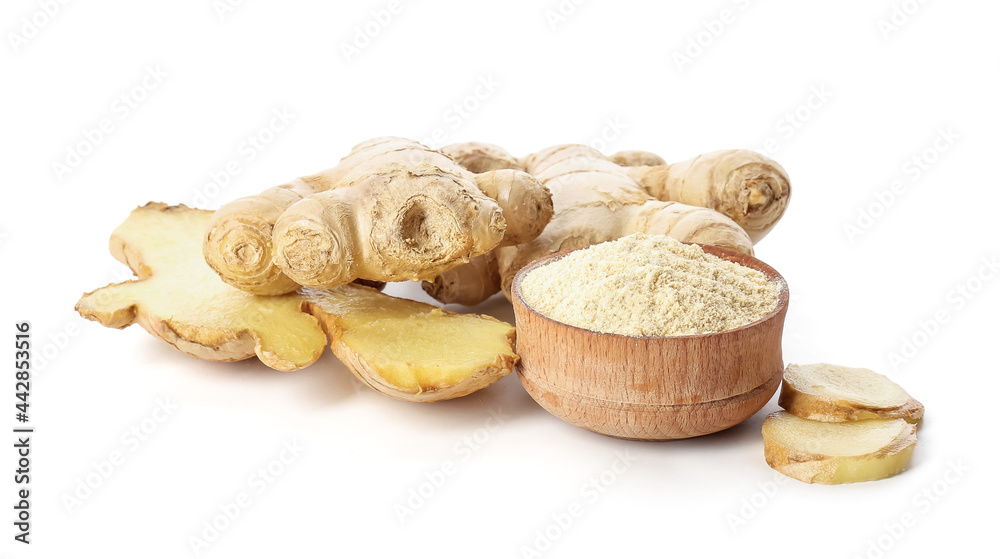 Composition with ginger powder on white background