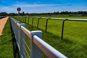 Poster - The is Warwick racecourse for steeplechase national hunt fence and hurdles horse racing. On a public park. Warwickshire. England UK.