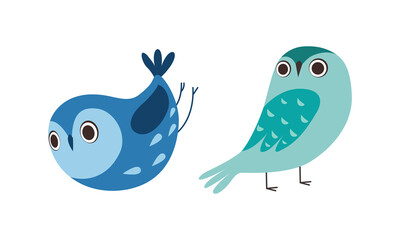 Sticker - Cute Wise Owls Set, Beautiful Owlets in Blue Colors Cartoon Vector Illustration