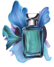 Hand Drawing Fashion Illustration With A Bottle Of Perfume And A Bouquet Of Turquoise And Blue Flower Petals