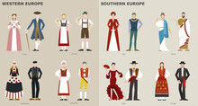 A Collection Of Traditional Costumes By Country. Europe. Vector Design Illustrations.