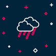 Line Cloud with rain icon isolated on blue background. Rain cloud precipitation with rain drops. Colorful outline concept. Vector