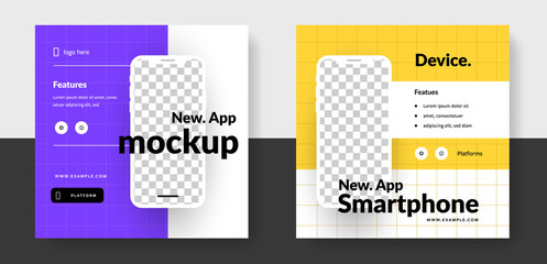 Social media layouts with smartphone mockups, black mobile device frame with place for photos, minimal business design, instagram and facebook templates	