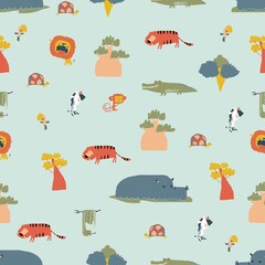 Wall Mural - Seamless Pattern with Wild Jungle Animals on Blue Background