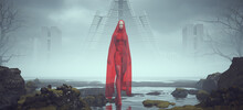 Tall Futuristic Sci Fi Alien Super Hero Space Woman In Red In Alien Landscape Mysterious Foggy Abandoned Brutalist Architecture 3d Illustration Render