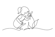 Child Smelling Flower In Continuous Line Art Drawing Style. Small Girl Squatted Down To Sniff The Fragrant Flower. Black Linear Sketch Isolated On White Background. Vector Illustration