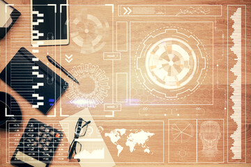 Double exposure of technology theme drawing over work table desktop. Top view. Global data analysis concept.