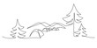 © GarkushaArt - Tourist campsite in continuous line art drawing style. Summer camp. Tent camping area in the forest minimalist black linear sketch isolated on white background. Vector illustration