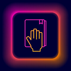 Sticker - Glowing neon line Oath on the Holy Bible icon isolated on black background. The procedure in court. Truth and truth. Promise before god. Colorful outline concept. Vector