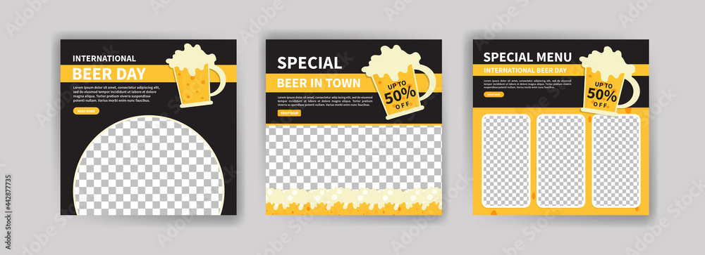 International Beer Day. Social media post template for digital marketing and promotion of food and drink sales. culinary advertisement. Offer social media banners. - obrazy, fototapety, plakaty 