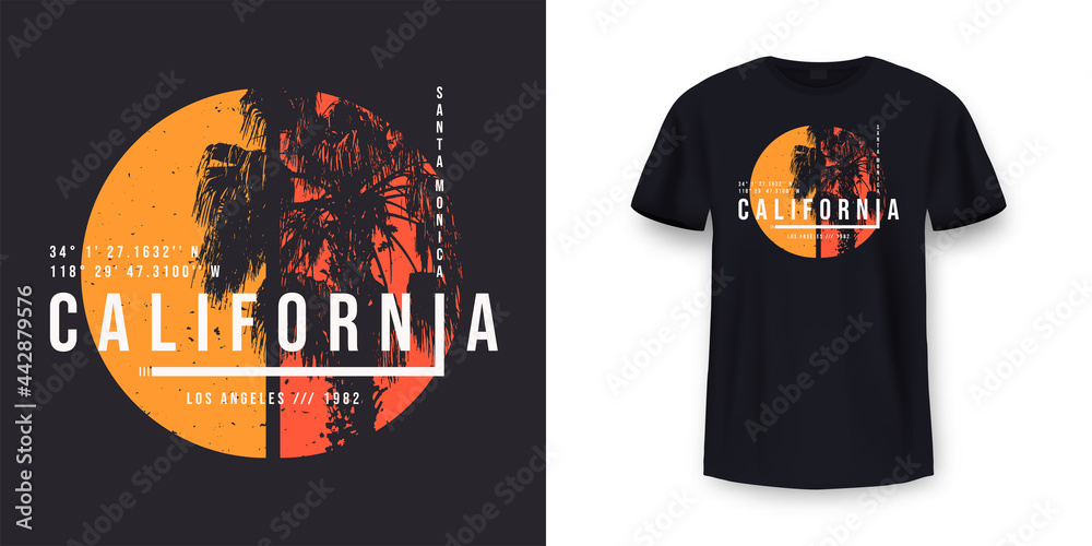 California, Los Angeles t-shirt design. T shirt print design with palm tree. T-shirt design with typography and tropical palm tree for tee print, apparel and clothing - obrazy, fototapety, plakaty 