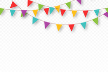 Carnival Garland With Pennants. Decorative Colorful Party Flags For Birthday Celebration, Festival And Fair Decoration. Festive Background With Hanging Flags And Pennants