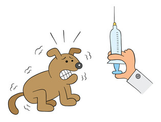 Cartoon dog is scared when it sees the syringe in veterinarian's hand, vector illustration