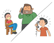 Cartoon Man Held Hostage And Ransom Demanded By Phone, Vector Illustration