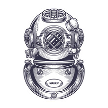 Vintage Diving Helmet. Colorful Hand Drawn Vector Illustration In Engraving Technique Of "Mark V" Diving Helmet Isolated On White.
