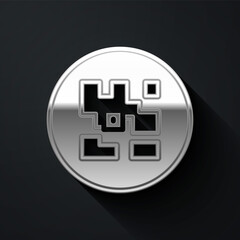 Poster - Silver QR code sample for smartphone scanning icon isolated on black background. Long shadow style. Vector