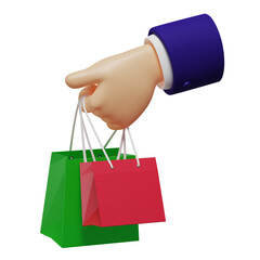 3d hand holds 2 shopping bags green and red, sales concept, isolated illustration on white background, 3D rendering