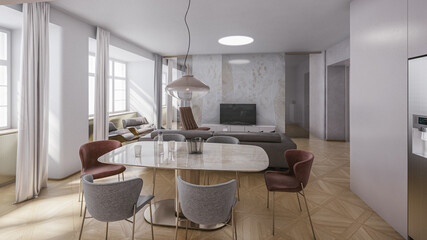 Wall Mural - Interior of modern marble apartment. Comfortable living room in flat, 3D rendering