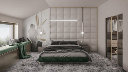 Wall Mural - Interior of a modern bedroom with wardrobe and sitting in window showcase