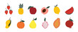 Set of colorful fruit icons vector. Hand drawn of banana, apple, pear, orange, peach, plum, watermelon, pineapple, papaya, grapes, cherry, lemon. Vector illustration, isolated on white.
