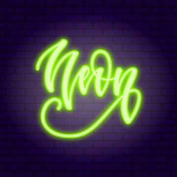 Neon. Glowing pink neon incription on dark brick wall background