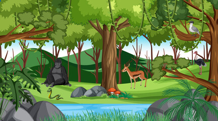 Wall Mural - Forest at daytime scene with different wild animals