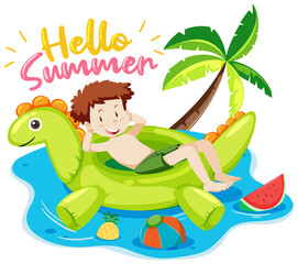 Poster - Hello Summer font with a boy and beach items isolated