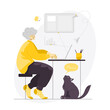 Vector illustration of an elderly female data analyst working on a laptop from home. An old senior lady writing a presentation about her research, planning company business strategies. Active ageing.