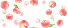 ジューシーな桃の背景。水彩イラスト。コピースペースあり。横長サイズ。