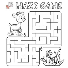 Wall Mural - Maze puzzle game for children. Outline maze or labyrinth game with deer.