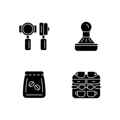 Sticker - Coffee shop professional tools black glyph icons set on white space. Professional portafilter and tamper. Coffee beans in bag. Espresso making. Silhouette symbols. Vector isolated illustration