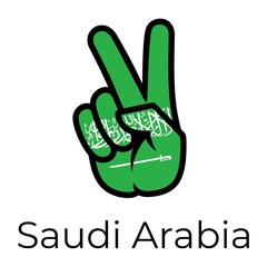 Saudi Arabia flag in the form of a peace sign. Gesture V victory sign, patriotic sign, icon for apps, websites, T-shirts, souvenirs, etc., isolated on white background