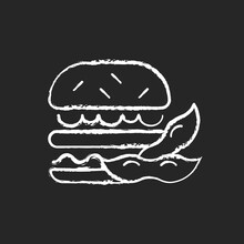 Soy Burger Chalk White Icon On Dark Background. Patty Made From Organic Vegetables. Vegeterian Type Of Foods. Healthy Sybeans Based Meals Cooking. Isolated Vector Chalkboard Illustration On Black