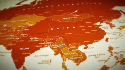 Wall Mural - World Map Flight Over Background/ 4k animation of a multicolored world map travel background flight over with ocean, countries and cities names