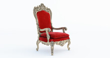 3D Render Of Classic Baroque Armchair Throne In Bronze And Red Colors Isolated On White Background.