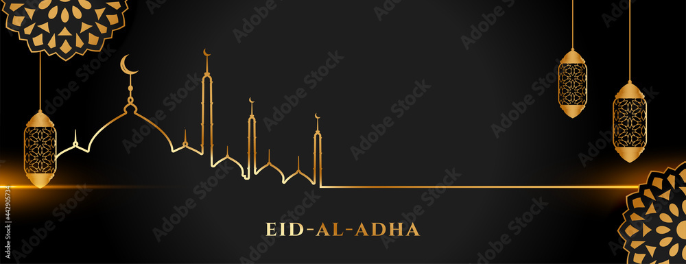 islamic holy eid al adha festival golden and black banner - obrazy, fototapety, plakaty 