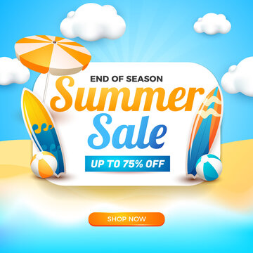 summer sale banner with white board and 3d cartoon element