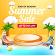 summer sale banner for social media flyer with 3d orange podium beach element cartoon style beach chair rubber swim and surfing board