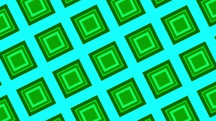 Poster - Mosaic blinking background with the field of green squares getting closer. Motion. Psychedelic rhombuses rotating and changing on blue background.