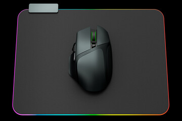 Fototapete - Modern gaming computer mouse on professional pad on black background