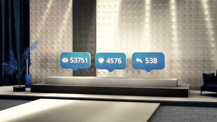 Poster - Social media blue icons with increasing number of views, likes, reposts on abstract background. Motion. Abstract hall with pedestal and soffits, concept of internet.