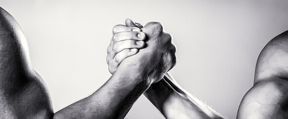 Poster - Rivalry, closeup of male arm wrestling. Two hands. Men measuring forces, arms. Hand wrestling, compete. Black and white