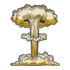nuclear bomb explosion line art sketch engraving vector illustration. t-shirt apparel print design. 