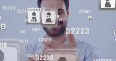 Poster - Multiple profile icons and changing numbers against caucasian man using smartphone