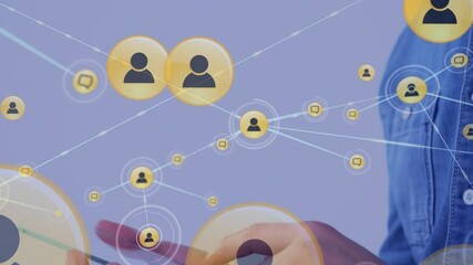 Poster - Network of profile icons against close up of caucasian man using smartphone