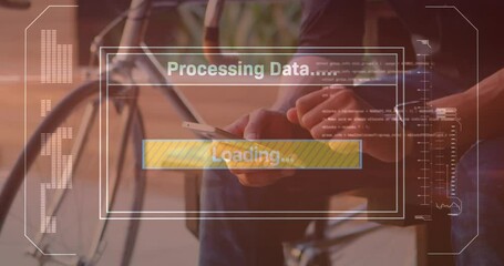 Poster - Animation of data processing on screen over man using smartphone