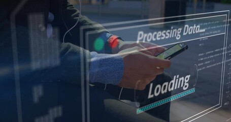 Poster - Animation of data processing on screen over man using smartphone