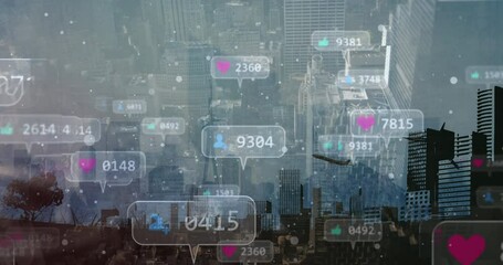 Poster - animation of social media icons over cityscape