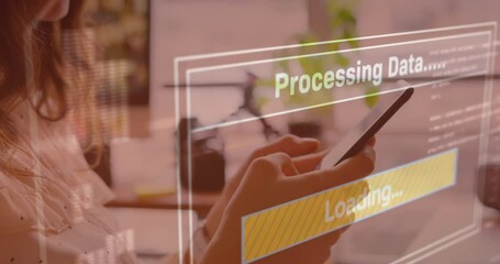 Poster - Animation of data processing on screen over woman using smartphone